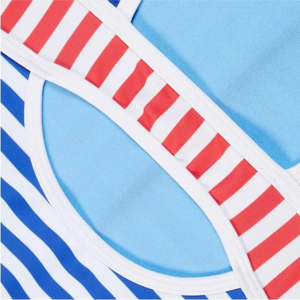 Speedo Girl’s Swimsuit One Piece Blue and Red Stripes Size 14 NWT UPF 50+
